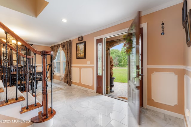 26 N Boston Rd, Jackson, NJ 08527 - entryway with stairway, ornamental molding, light marble finish floors, recessed lighting, and a wainscoted wall