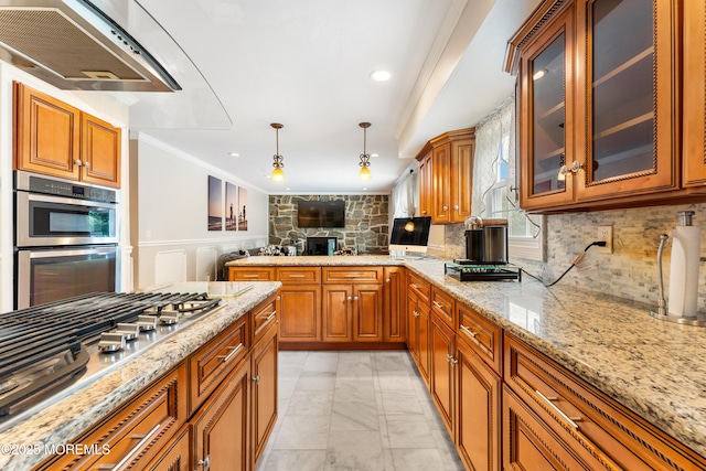 26 N Boston Rd, Jackson, NJ 08527 - kitchen with extractor fan, light marble finish floors, brown cabinetry, stainless steel appliances, and crown molding