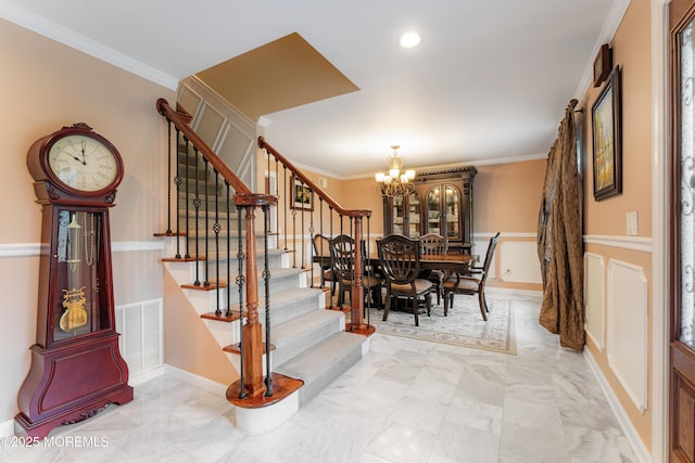 26 N Boston Rd, Jackson, NJ 08527 - dining room featuring a chandelier, stairs, light marble finish floors, crown molding, and recessed lighting