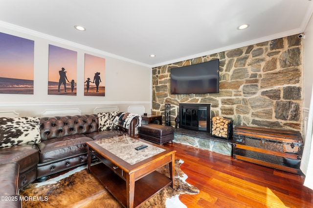 26 N Boston Rd, Jackson, NJ 08527 - living room with ornamental molding, wood finished floors, a fireplace, and recessed lighting