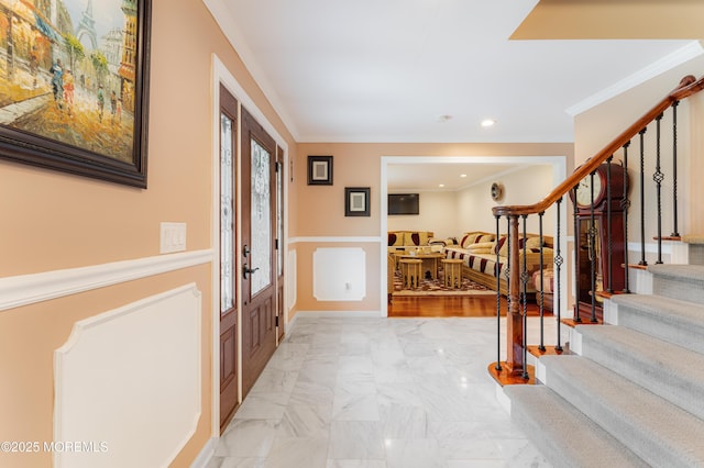 26 N Boston Rd, Jackson, NJ 08527 - foyer entrance with stairs, ornamental molding, recessed lighting, wainscoting, and light marble finish floors