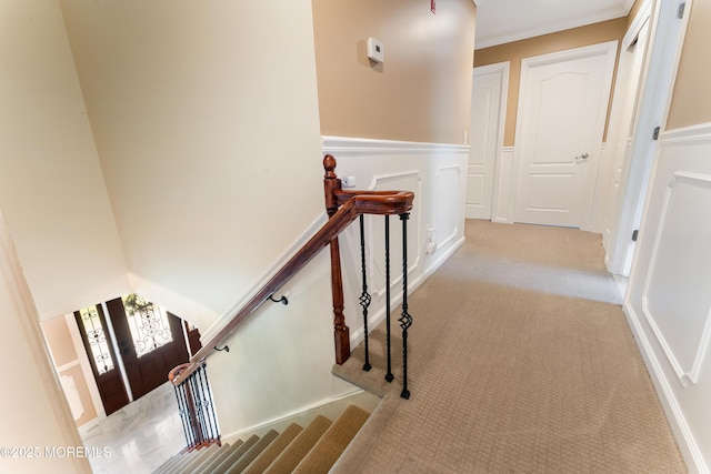 26 N Boston Rd, Jackson, NJ 08527 - stairs featuring carpet flooring, a wainscoted wall, and a decorative wall
