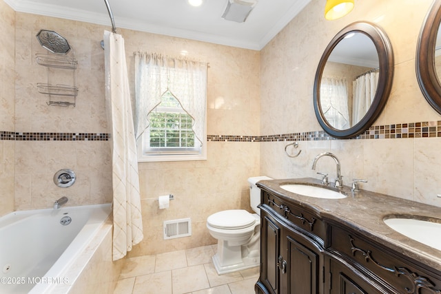 26 N Boston Rd, Jackson, NJ 08527 - bathroom featuring crown molding, tile walls, double vanity, tile patterned flooring, and tiled shower / bath combo