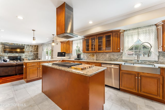26 N Boston Rd, Jackson, NJ 08527 - kitchen featuring stainless steel appliances, island range hood, brown cabinets, open floor plan, and a peninsula