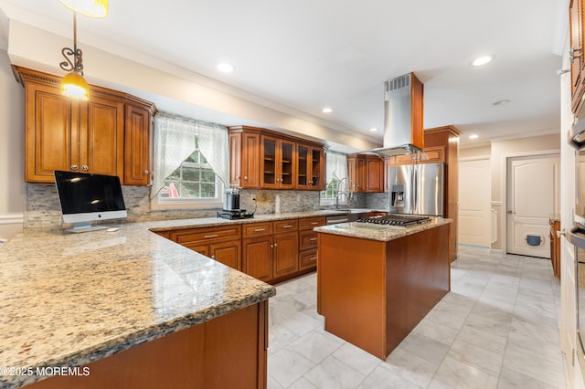 26 N Boston Rd, Jackson, NJ 08527 - kitchen with stainless steel appliances, exhaust hood, crown molding, brown cabinets, and plenty of natural light