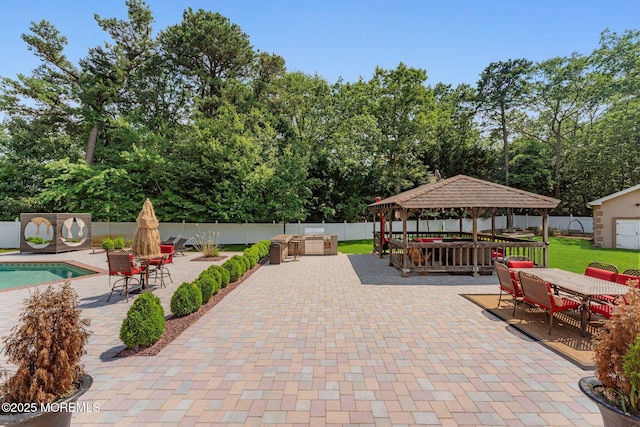 26 N Boston Rd, Jackson, NJ 08527 - fenced backyard with a gazebo, a patio area, outdoor dining area, and view of wooded area