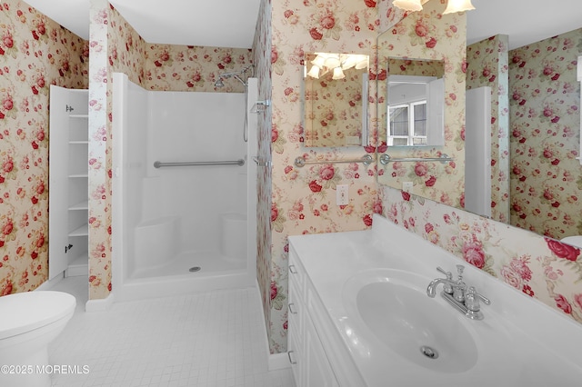 305 11th Ave, Spring Lake Heights, NJ 07762 - bathroom featuring wallpapered walls, tile patterned floors, vanity, and a shower
