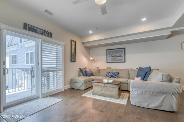26 9th Ave Unit 105, Ortley Beach, NJ 08751 - living area with wood finished floors, a ceiling fan, and recessed lighting