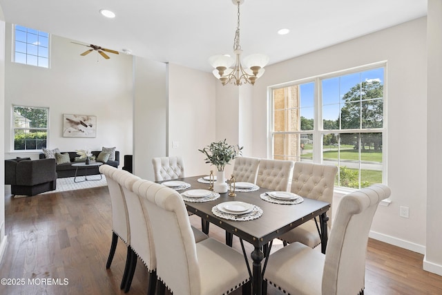 2 Muirwood Ct, Jackson, NJ 08527 - dining space with plenty of natural light, a chandelier, dark wood-style floors, recessed lighting, and a ceiling fan