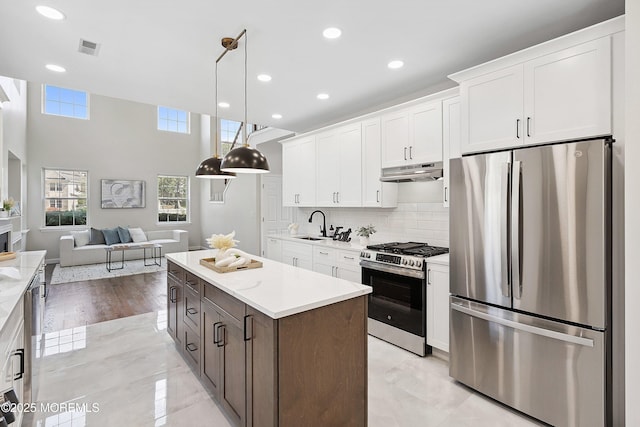 2 Muirwood Ct, Jackson, NJ 08527 - kitchen featuring appliances with stainless steel finishes, under cabinet range hood, white cabinetry, open floor plan, and recessed lighting