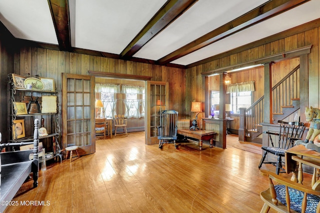 18 Holly St, Rumson, NJ 07760 - office featuring wooden walls, beamed ceiling, hardwood / wood-style flooring, and french doors