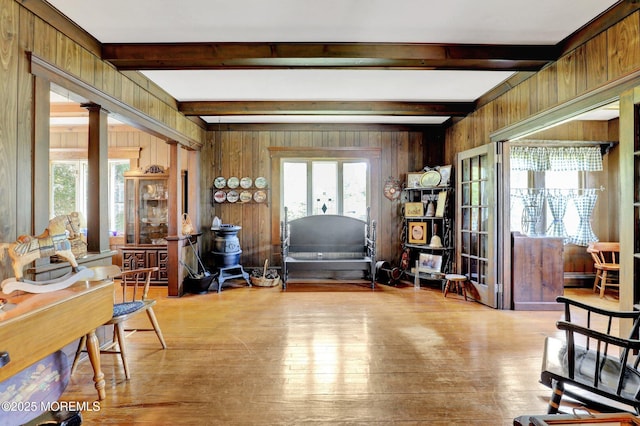 18 Holly St, Rumson, NJ 07760 - office area with wood walls, beam ceiling, french doors, and hardwood / wood-style floors