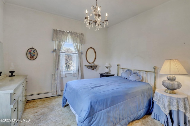 18 Holly St, Rumson, NJ 07760 - bedroom featuring a baseboard heating unit, light colored carpet, and a chandelier