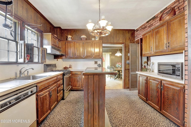 18 Holly St, Rumson, NJ 07760 - kitchen with stainless steel appliances, wood walls, under cabinet range hood, a chandelier, and ornamental molding