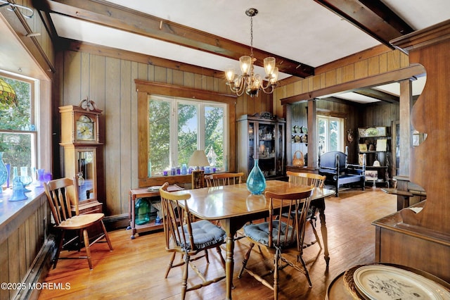 18 Holly St, Rumson, NJ 07760 - dining area with wooden walls, beamed ceiling, light wood-style floors, a chandelier, and a baseboard radiator