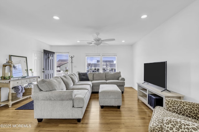 813 Tiller Dr, Forked River, NJ 08731 - living room featuring a ceiling fan, wood finished floors, and recessed lighting