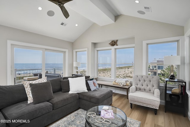 209 E 20th St, Long Beach Twp, NJ 08008 - living area with a water view, wood finished floors, ceiling fan, and recessed lighting
