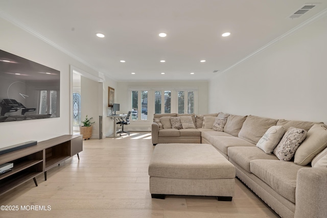 18 Rowena Rd, Manalapan, NJ 07726 - living room with ornamental molding, recessed lighting, and light wood-type flooring