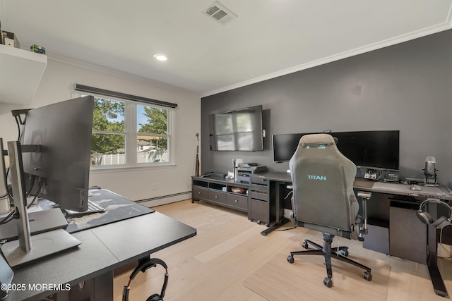 18 Rowena Rd, Manalapan, NJ 07726 - office space featuring ornamental molding, light wood-style flooring, a baseboard heating unit, and recessed lighting