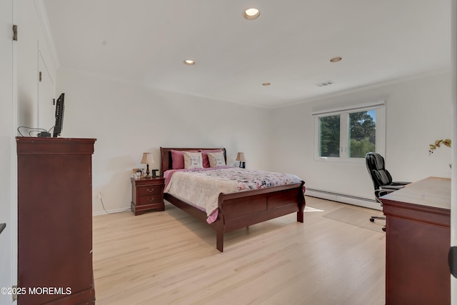 18 Rowena Rd, Manalapan, NJ 07726 - bedroom with a baseboard heating unit, crown molding, light wood-style flooring, and recessed lighting