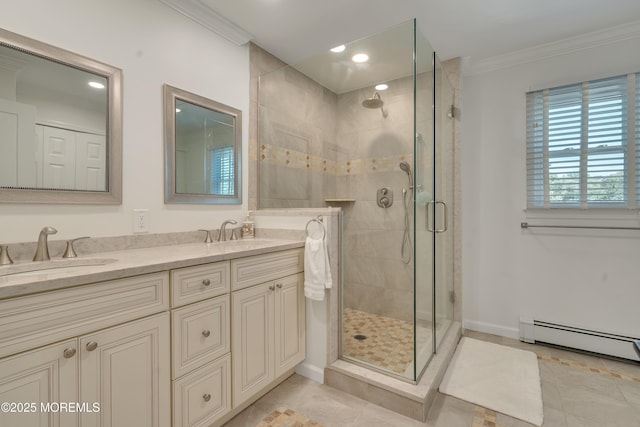 18 Rowena Rd, Manalapan, NJ 07726 - bathroom featuring ornamental molding, a baseboard heating unit, a shower stall, double vanity, and tile patterned flooring