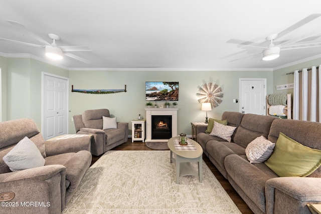 14 Campion Ct, Brick, NJ 08724 - living area with a ceiling fan, crown molding, wood finished floors, and a warm lit fireplace
