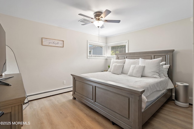 2905 Appleby Dr, Ocean Twp, NJ 07712 - bedroom featuring baseboard heating, light wood-style floors, ornamental molding, and a ceiling fan