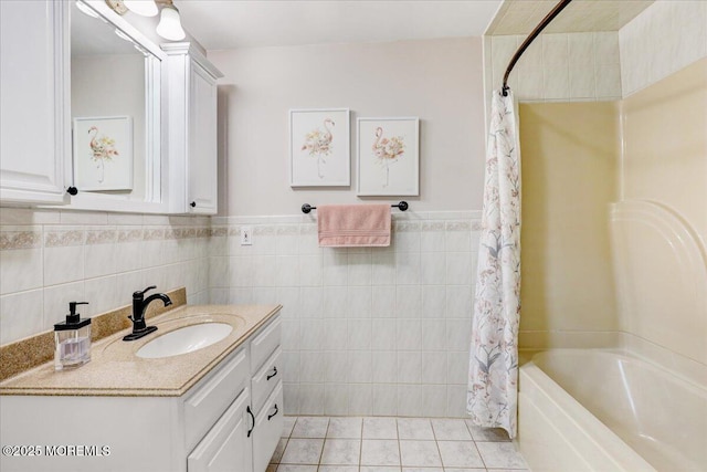 48 Crest Dr, Brick, NJ 08724 - full bath featuring vanity, tile walls, tile patterned floors, shower / bath combo, and wainscoting