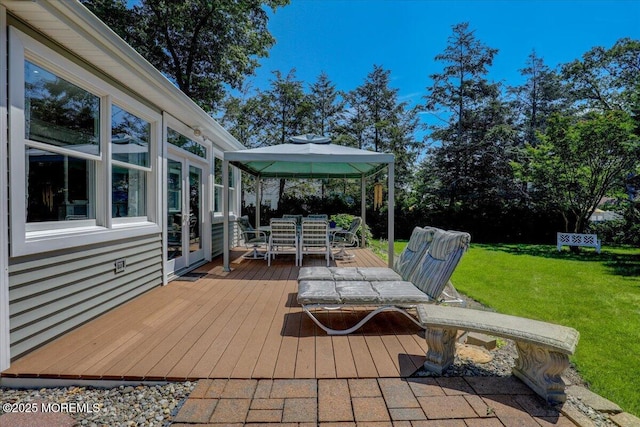 48 Crest Dr, Brick, NJ 08724 - wooden deck with outdoor dining area, a gazebo, and a lawn