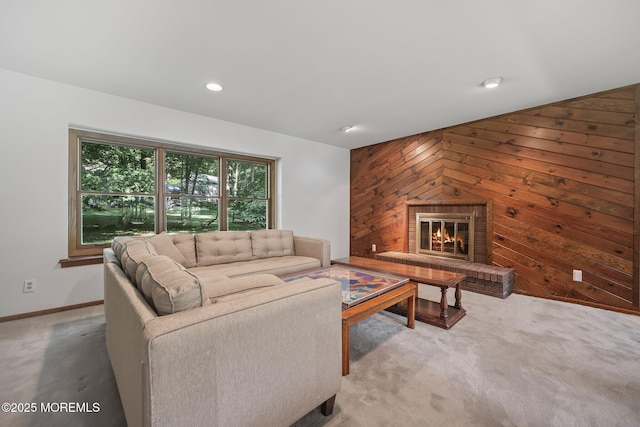 38 Pine St, Lincroft, NJ 07738 - carpeted living room with wood walls, a fireplace, and recessed lighting