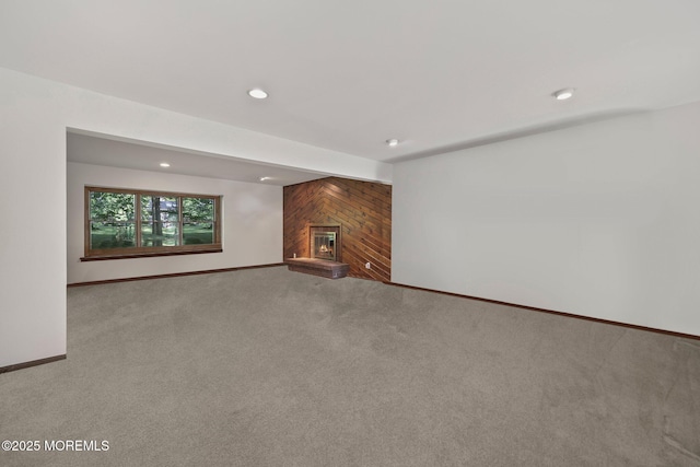 38 Pine St, Lincroft, NJ 07738 - unfurnished living room featuring carpet, recessed lighting, and a brick fireplace