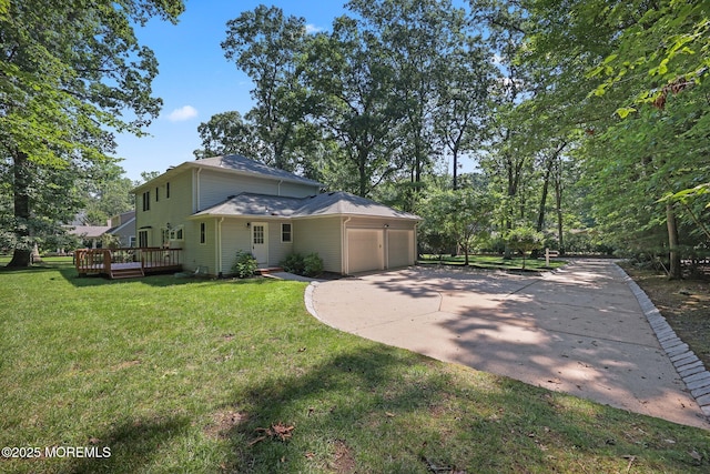 38 Pine St, Lincroft, NJ 07738 - view of home's exterior featuring a garage, driveway, a lawn, and a wooden deck