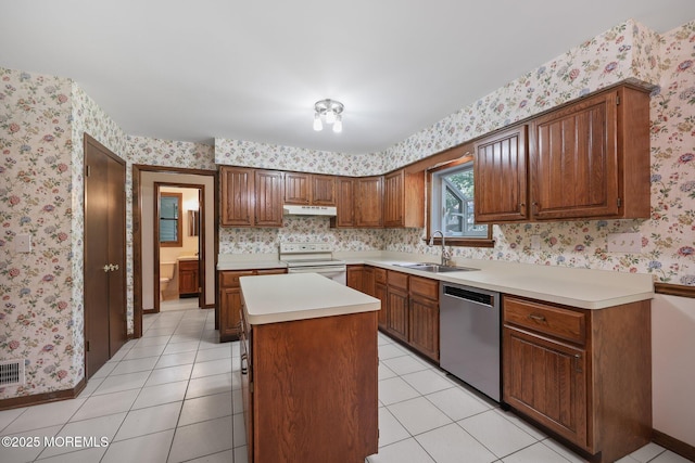 38 Pine St, Lincroft, NJ 07738 - kitchen featuring stainless steel dishwasher, white range with electric stovetop, wallpapered walls, light countertops, and under cabinet range hood