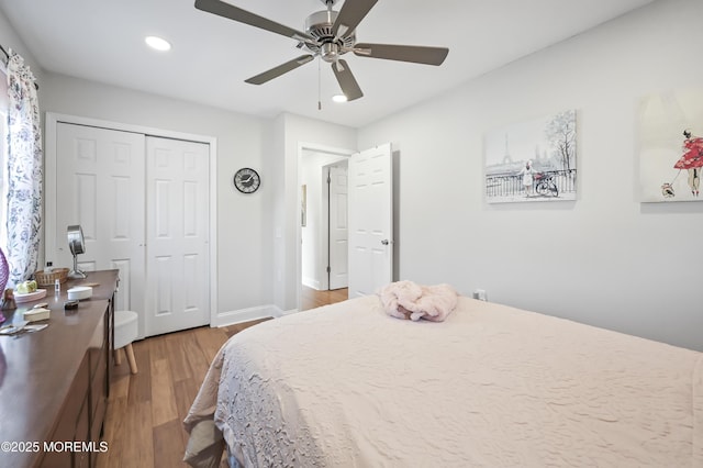 25 Tropicana Ct, Toms River, NJ 08757 - bedroom with wood finished floors, recessed lighting, a closet, and a ceiling fan