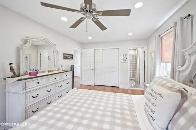 25 Tropicana Ct, Toms River, NJ 08757 - bedroom with light wood-style flooring, recessed lighting, connected bathroom, a ceiling fan, and a closet