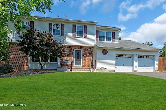 627 Meadow Run, Brick, NJ 08724 - colonial inspired home featuring a front yard, a garage, driveway, and brick siding