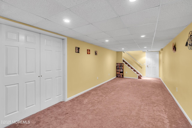627 Meadow Run, Brick, NJ 08724 - finished below grade area with carpet, stairway, recessed lighting, and a drop ceiling