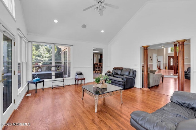 1721 Azure Dr, Wall, NJ 07753 - living area featuring ornate columns, a ceiling fan, high vaulted ceiling, crown molding, and wood finished floors