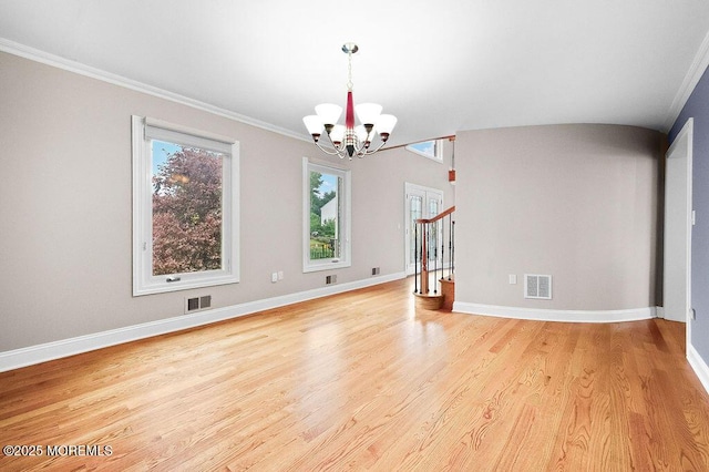 6 Opatut Ct, Morganville, NJ 07751 - unfurnished room with a chandelier, light wood finished floors, ornamental molding, and stairs