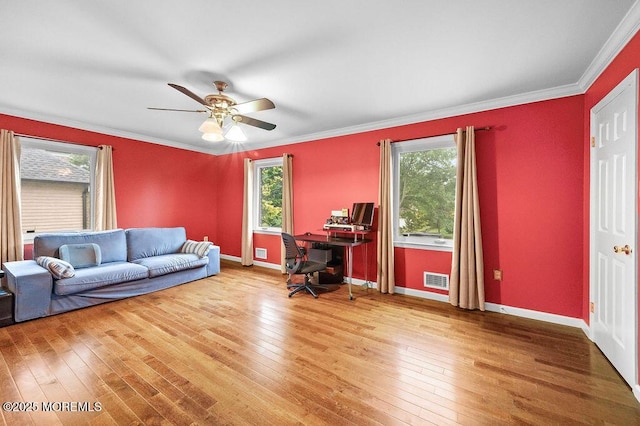 6 Opatut Ct, Morganville, NJ 07751 - living room with wood-type flooring, a ceiling fan, crown molding, and an office area