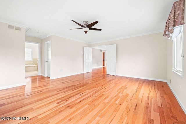 6 Opatut Ct, Morganville, NJ 07751 - unfurnished room with attic access, a ceiling fan, light wood finished floors, and crown molding