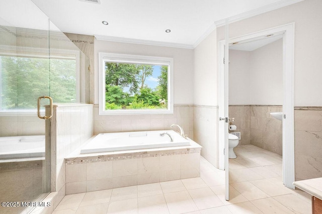 6 Opatut Ct, Morganville, NJ 07751 - bathroom featuring a bath, crown molding, tile patterned flooring, a stall shower, and tile walls
