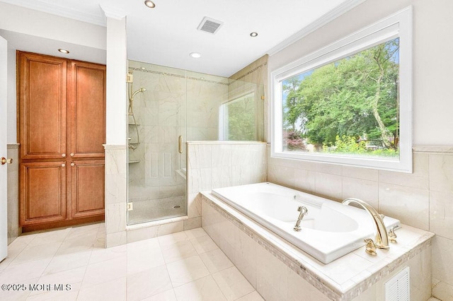 6 Opatut Ct, Morganville, NJ 07751 - full bath featuring a bath, crown molding, a stall shower, recessed lighting, and tile patterned floors