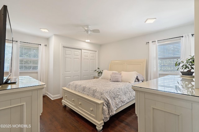 5 Maplecrest Ct, Toms River, NJ 08753 - bedroom featuring multiple windows, a closet, dark wood-style flooring, and a ceiling fan
