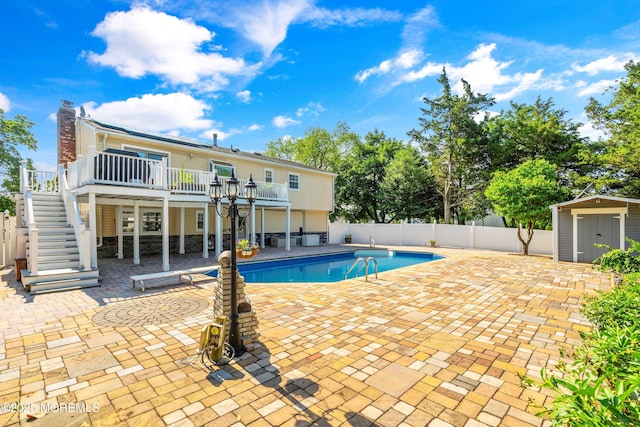 5 Maplecrest Ct, Toms River, NJ 08753 - view of pool with stairway, a patio area, a deck, and a fenced backyard