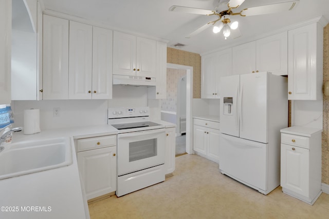 7 Tabor St, Little Silver, NJ 07739 - kitchen featuring white appliances, under cabinet range hood, white cabinets, a ceiling fan, and light countertops