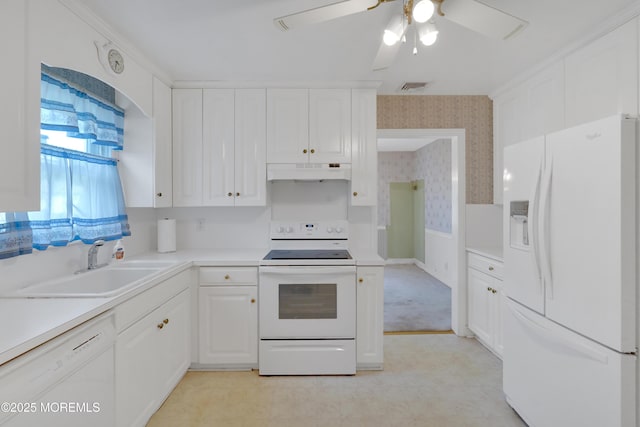 7 Tabor St, Little Silver, NJ 07739 - kitchen featuring white appliances, under cabinet range hood, wallpapered walls, white cabinetry, and ceiling fan