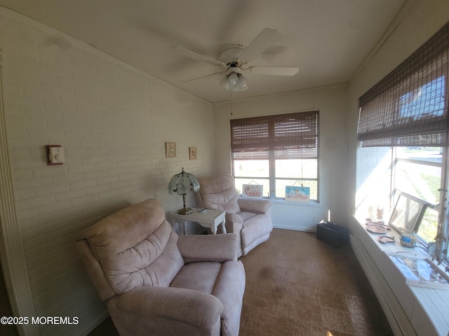 5B Lenape Dr, Whiting, NJ 08759 - sitting room featuring ceiling fan, brick wall, and carpet floors