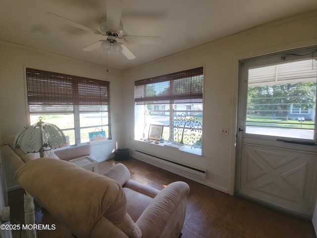 5B Lenape Dr, Whiting, NJ 08759 - living room featuring a baseboard heating unit and a ceiling fan