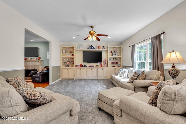 1 Opal Ct, Jackson, NJ 08527 - living room featuring a ceiling fan, a lit fireplace, recessed lighting, and carpet floors